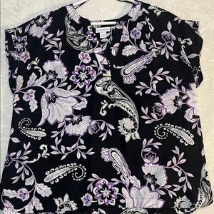 Liz Claiborne Black Blouse with Lavender and White Paisley Floral Print
